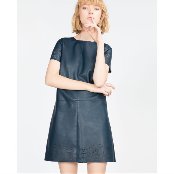 Zara Dresses & Skirts - Zara Navy Blue Faux Leather Laser Cut Dress